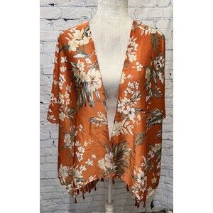 Ardene Orange Floral Kimono With Bottom Fringe NWT OS